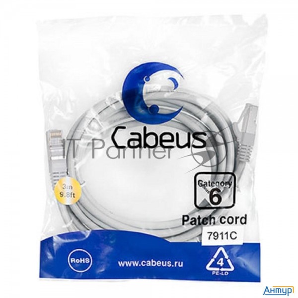 Патч-корд Ftp, категория 6, F/utp экранированный, Lszh, 3 м, серый Cabeus Pc-ftp-rj45-cat.6-3m-lszh