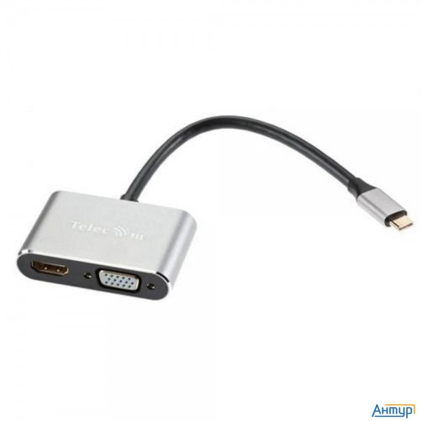 Vcom Tuc055  Кабель-концентратор Usb3.1 Typecm -->hdmi+usb3.0+pd+vga Alum Grey 4k@30hz, Telecom<tuc0