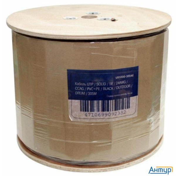 5bites Кабель Us5500-305ape-m витая пара Utp/solid/5e/ccag/pvc+pe/black/outdoor/messenger/drum/305m