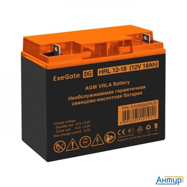 Exegate Ex285662rus Аккумуляторная батарея Exegate Hrl 12-18 (12v 18ah, клеммы F3 (болт М5 с гайкой)
