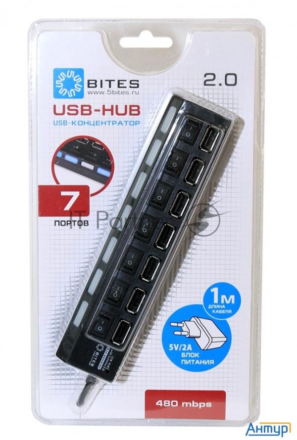 Концентратор Usb 5bites Hb27-203pbk 7*usb2.0 / БП 5В-2А / 1m / Black