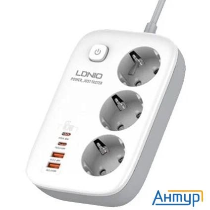 Ldnio Se3436/ Сетевой удлинитель 2м/ 3 розетки/ 3250w/ 4 Usb: Qc 4.0+pd 3.0+pps/ Gan 65w/ White
