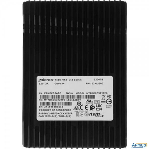 Micron Ssd 7450 Max, 3200gb, U.3(2.5" 15mm), Nvme, Pcie 4.0 X4, 3d Tlc, Mtfdkcc3t2tfs-1bc1zabyy(r)