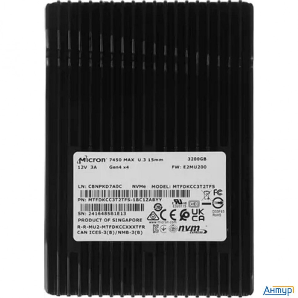 Micron Ssd 7450 Max, 3200gb, U.3(2.5" 15mm), Nvme, Pcie 4.0 X4, 3d Tlc, Mtfdkcc3t2tfs-1bc1zabyy(r)