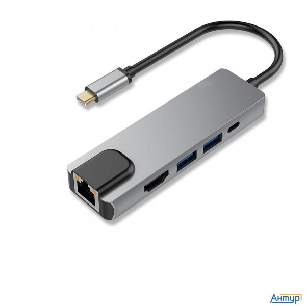 Bion Мульти переходник Usb Type-c - Usb Type-c/2*usb-a 3.0/hdmi/rj-45 1000мб/с, 60w, алюминиевый кор