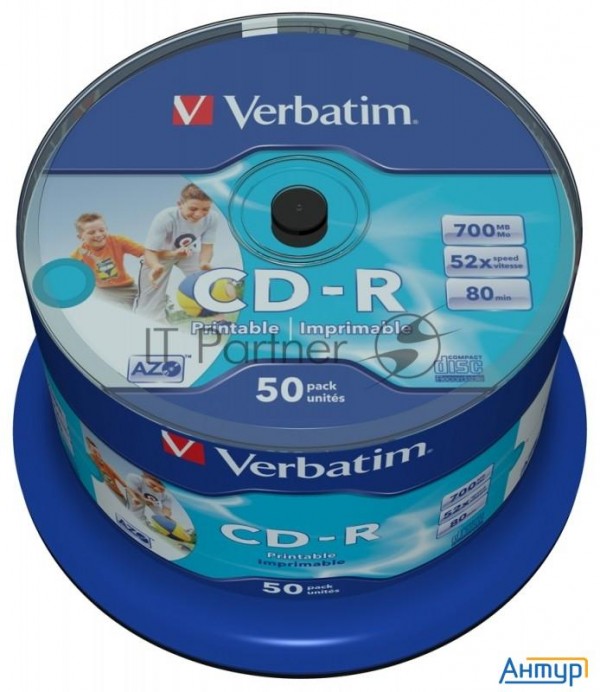 Диск Cd-r Verbatim 700 Mb, 52x, Cake Box (50), Dl+, Full Ink Printable (50/200)