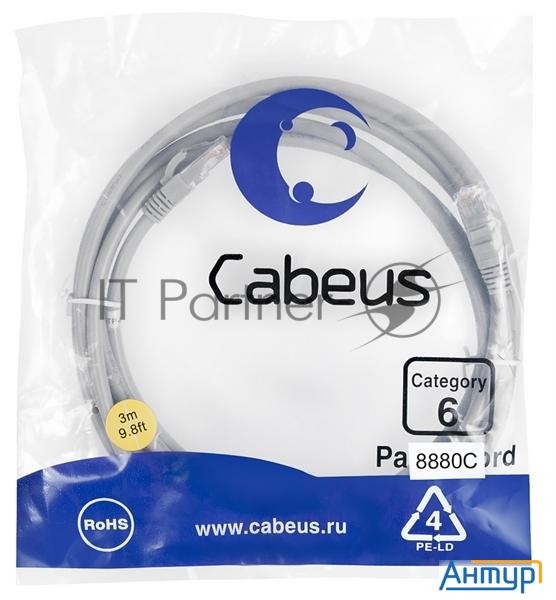 Шнур комм. Cabeus, кат. 6, неэкр., U/utp, Rj45/rj45, 250 МГц, Lszh, Awg24, 3м, серый