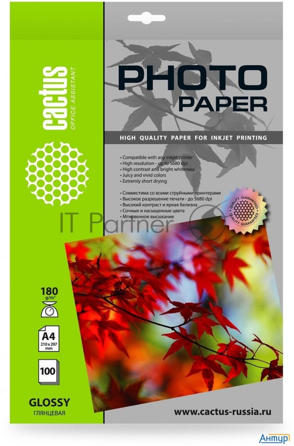 Фотобумага Cactus Cs-ga4180100 A4/180г/м2/100л./белый глянцевое для струйной печати