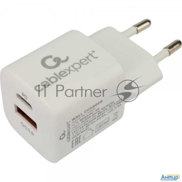 Зарядное устройство Cablexpert 20Вт, 3А, Qc3.0/pd, 1xusb, 1xtype-c, белый, пакет (mp3a-pc-46)