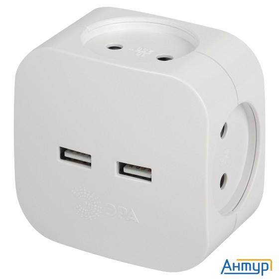 ЭРА Б0049532 Разветвитель электрический Sp-4-usb-w на 4 розетки 220v + 2xusb 2400ma, без заземл 10А