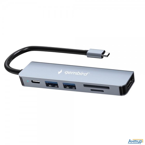 Gembird Док-станция Type-c 6в1: Usb3.1, Pd100w, Sd/tf, Usb2.0, Hdmi, кабель 16см, алюминий (uhb-d9)