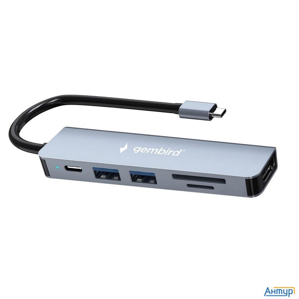 Gembird Док-станция Type-c 6в1: Usb3.1, Pd100w, Sd/tf, Usb2.0, Hdmi, кабель 16см, алюминий (uhb-d9)