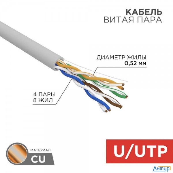 Rexant (02-0022) Кабель витая пара F/utp, Cat 5e, Zh нг(А)-hf, 2х2х0,52 мм, 24awg, Indoor, Solid, се