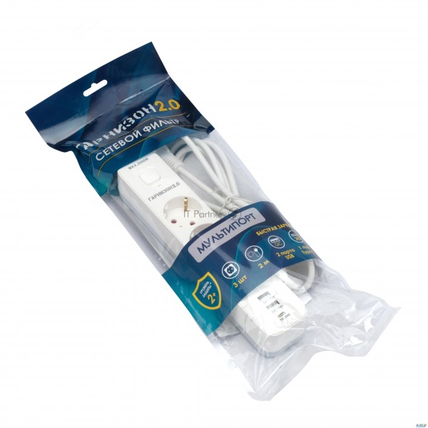Сетевой фильтр Гарнизон Eps-3-cu2-w-2 2.0 Мультипорт 3р, 10А, 1xtype-c Pd, 2 х Usb Qc, 2м, ур.защиты