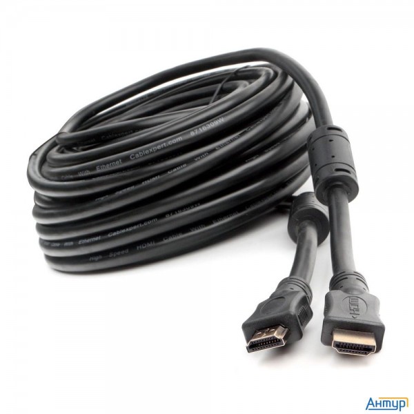 Кабель Hdmi Cablexpert 19m/19m, V2.0, медь, позол.контакты, экран, 2 фер.кольца, 20м, черный, пакет