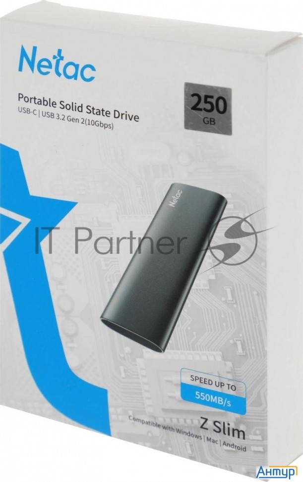 Внешний Ssd накопитель Netac 250gb Z Slim (usb3.2, Up To 520/480mbs, 100х29.5х9mm, Black)