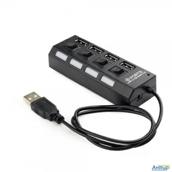 Разветвитель Usb2.0 Gembird 4xusb, блок питания 2А, подсветка и выкл, кабель Usb 55см, черный (uhb-u