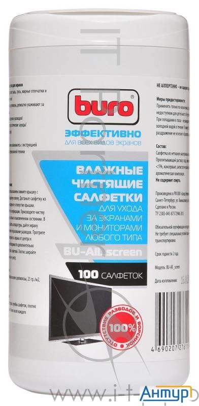 Buro Bu-all_screen, 100 шт Салфетки для экранов мониторов/плазменных/ЖК телевизоров/ноутбуков туба 1