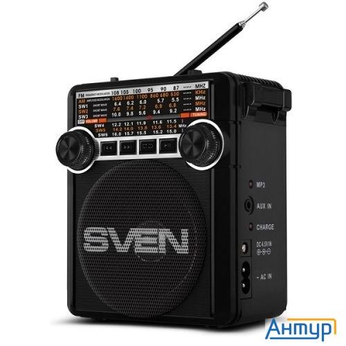 Sven Srp-355, черный, радиоприемник (мощность 3 Вт (rms), Fm/am/sw, Usb, Sd/microsd, фонарь, встроен