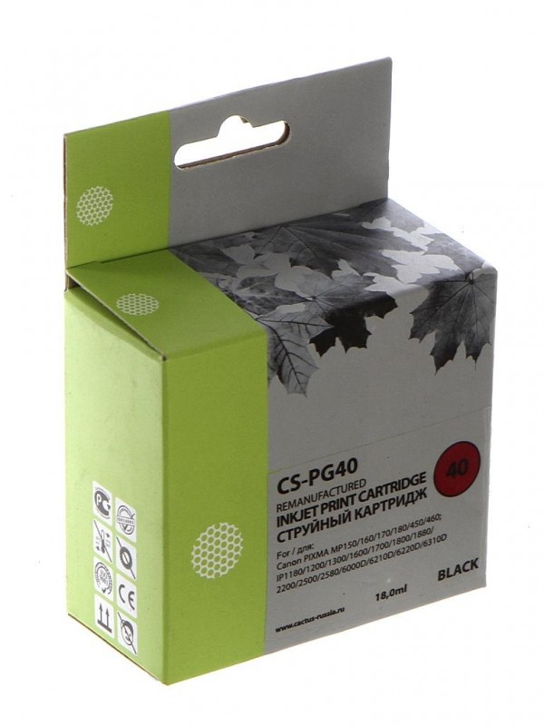 Cactus Pg-40 Картридж для Canon Pixma Ip1200/1800/1900/2200/2500/2600/mp140/210/450/470/mx300, черны