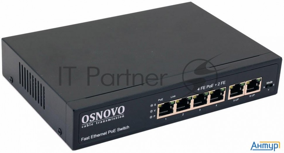 Коммутатор Osnovo Sw-20600(80w) Poe коммутатор 6 портов, 4 Poe порта 10/100 Base-t, 2*10/100 Base-t