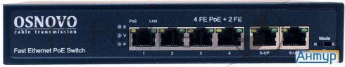 Коммутатор Osnovo Sw-20600(80w) Poe коммутатор 6 портов, 4 Poe порта 10/100 Base-t, 2*10/100 Base-t