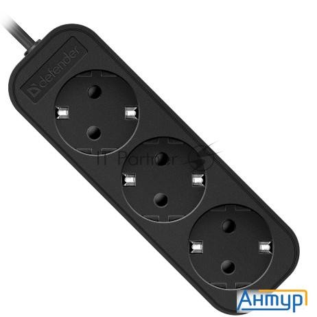 Удлинитель Defender с заземлением M350 5.0 м, 3 розетки, черный