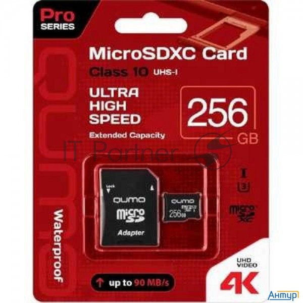 Карта памяти Qumo Microsdxc 256 Gb 90/70 МБ/с Uhs-i U3, Pro Seria 3.0 с адаптером Sd, красная картон