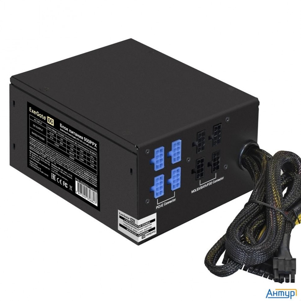 Exegate Ex222114rus Блок питания 900w Exegate 900ppx (atx, Apfc, КПД 82% (80 Plus), 14cm Fan, 24pin,