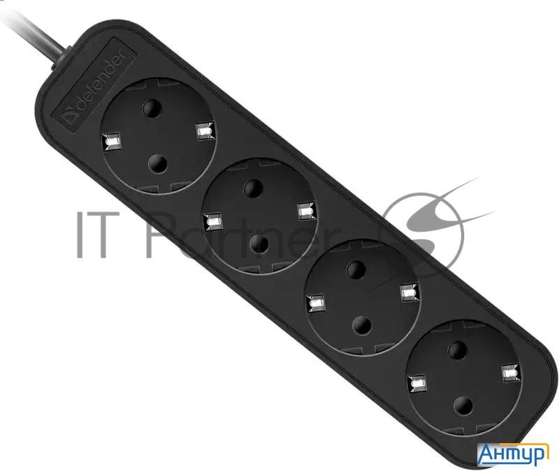 New Defender Удлинитель с заземлением M418 1.8 м, 4 розетки, черный
