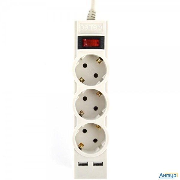 Perfeo сетевой фильтр "power-s", 3,0м, 3 розетки 10А, 2usb, 2500 Вт, двойная защита, серый.