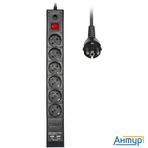 Buro Сетевой фильтр, 6 розеток, 1.8 метров (buro Bu-sp1.8_usb_2a-b), черный (коробка) {992310}