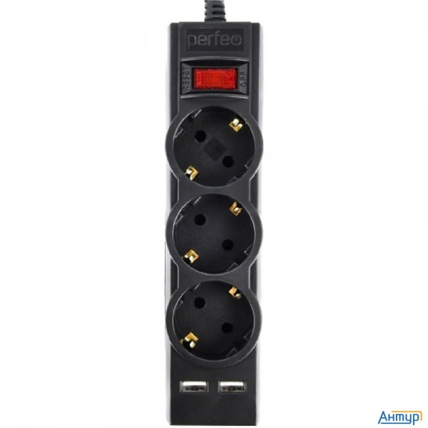 Perfeo сетевой фильтр "power-s", 3,0м, 3 розетки 10А, 2usb, 2500 Вт, двойная защита, черный.