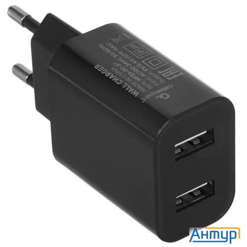 Cablexpert Адаптер питания Usb 2 порта, 2.4a, черный + кабель 1м Type-c (mp3a-pc-37)