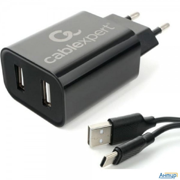 Cablexpert Адаптер питания Usb 2 порта, 2.4a, черный + кабель 1м Type-c (mp3a-pc-37)