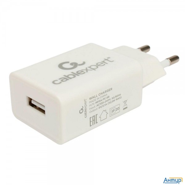 Cablexpert зарядное устройство, 10.5Вт, 2.1А, 1xusb, белый, пакет (серия 25/68) (mp3a-pc-68) 23604