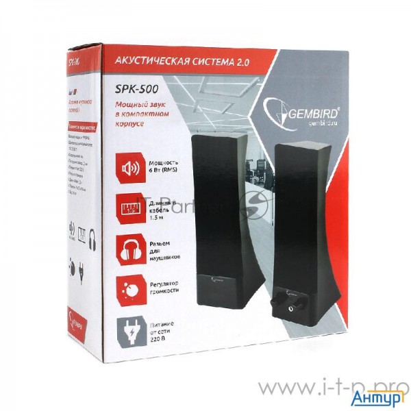 Акустич. система 2.0 Gembird Spk 500, черный, 6 Вт, рег. громкости, разъ м для наушников, питание от