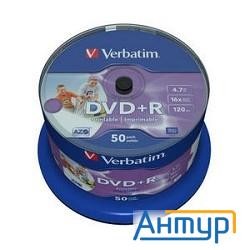 43512 Диски Dvd+r Verbatim 4.7gb 16-х, Wide Photo Inkjet Printable,  50 шт, Cake Box