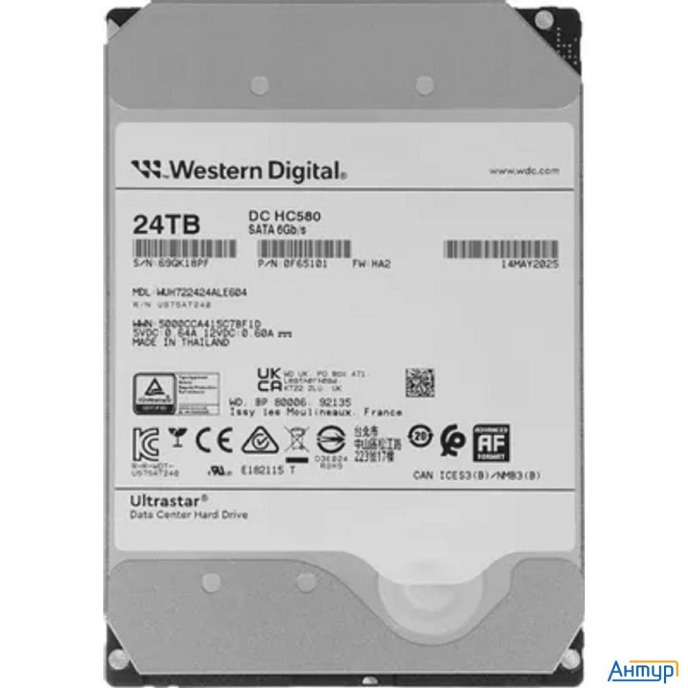 Жесткий диск серверный Western Digital 3.5" 24tb Ultrastar Dc Hc580 Wuh722424ale604 Sata