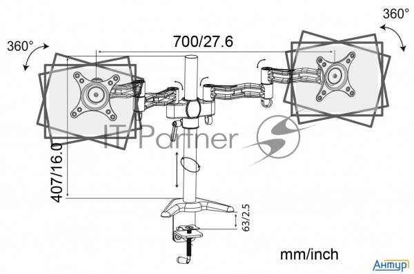 Кронштейн для мониторов Cactus Cs-vm-d08-bk черный 13"-27" макс.8кг настольный поворот и наклон