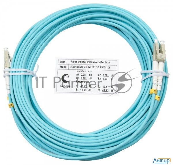 Комм. шнур оптический Cabeus Tight Buffer, Duplex Lc/lc, Om3 50/125, Lszh, 10м, O 3мм, серый хвостов