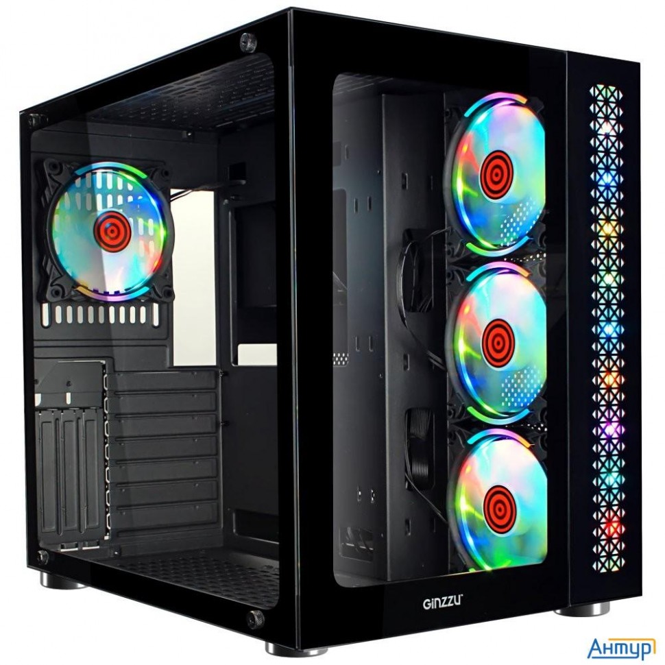 Ginzzu V530 Rgb подсветка, контроллер Crc10, 4* 12r6 Fan 12cm Rgb закаленное стекло 1*usb 3.0,1*usb