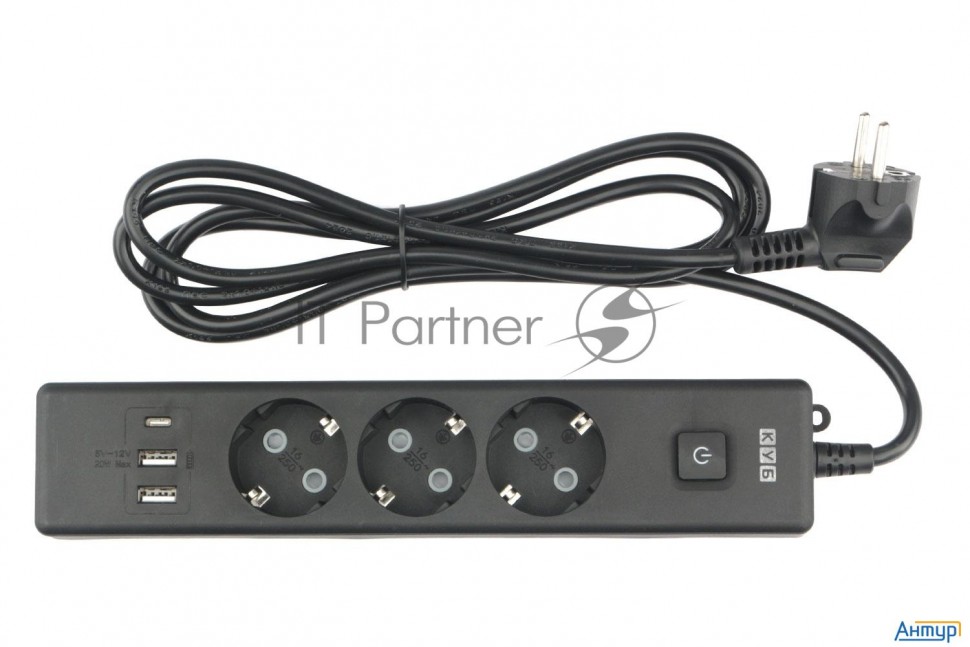 Бытовой удлинитель Powercube, 3р с/з вык.,3usb, 3500 Вт, 16А, 1.9 м, 3*1,0 (черный) Pc-6b-2m