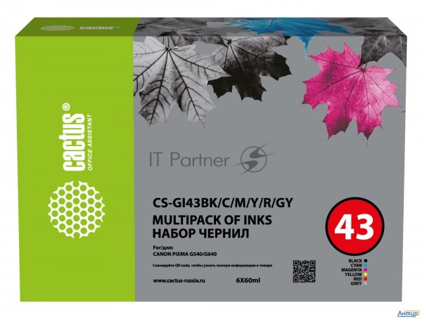 Чернила Cactus Cs-gi43bk/c/m/y/r/gy голубой/пурпурный/желтый/черный 6x для Canon Pixma G640/540