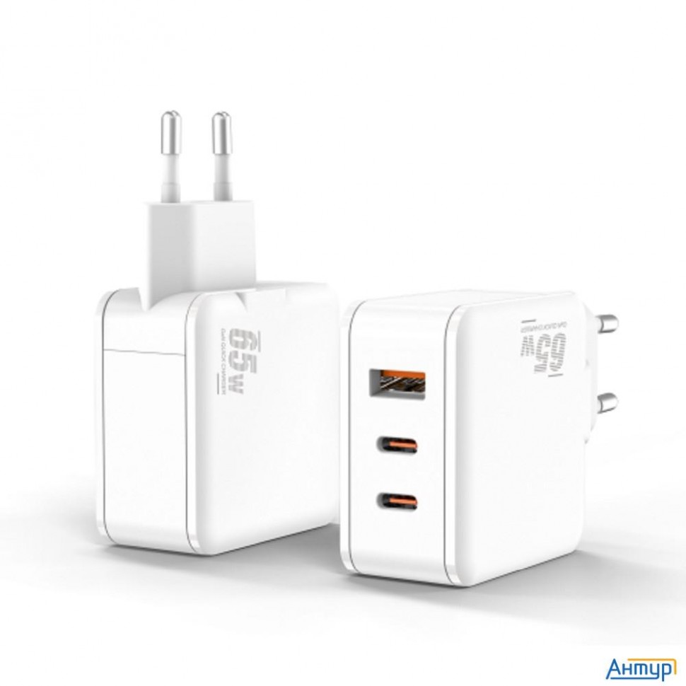 Bion Сетевое Зарядное Устройство, Gan, Usb-a + 2*usb-c, Powerdelivery, 65 Вт, белый [bxp-gan-pd-a2c-