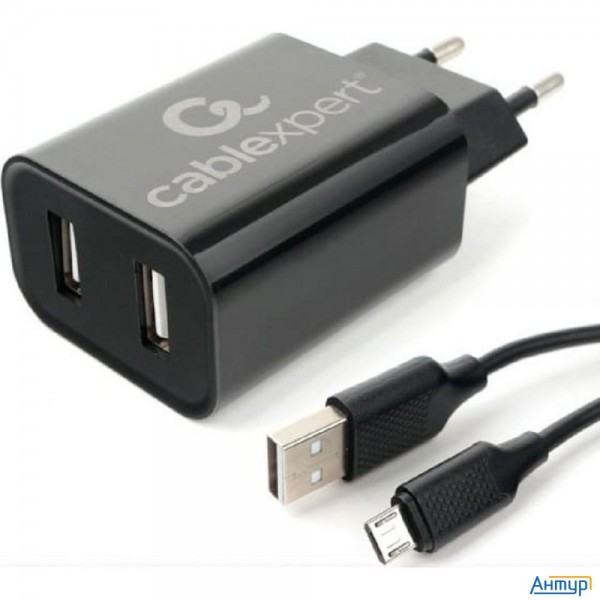 Cablexpert Зарядное устройство 12Вт, 2.4А, 2xusb, кабель Micro Usb 1м, черный, коробка-блистер (mp3a