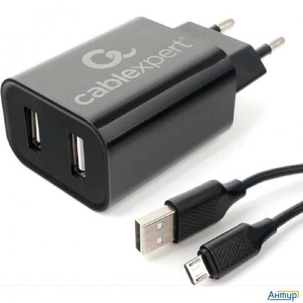 Cablexpert Зарядное устройство 12Вт, 2.4А, 2xusb, кабель Micro Usb 1м, черный, коробка-блистер (mp3a