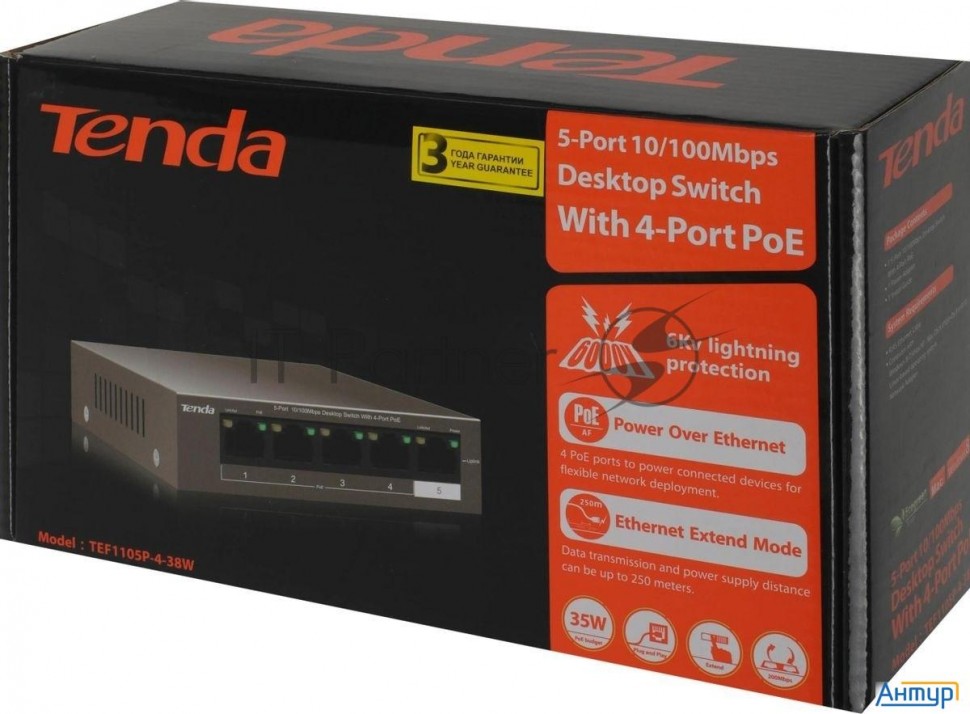Коммутатор Tenda Tef1105p-4-38w 5port 10/100m