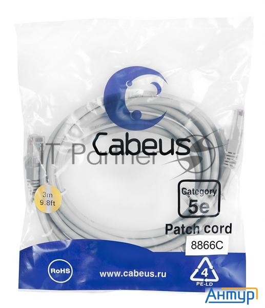 Шнур комм. Cabeus, кат. 5е, неэкр., U/utp, Rj45/rj45, Lszh, Awg24, 3м, серый