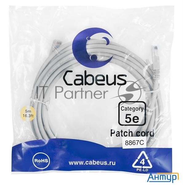 Шнур комм. Cabeus, кат. 5е, неэкр., U/utp, Rj45/rj45, Lszh, Awg24, 5м, серый
